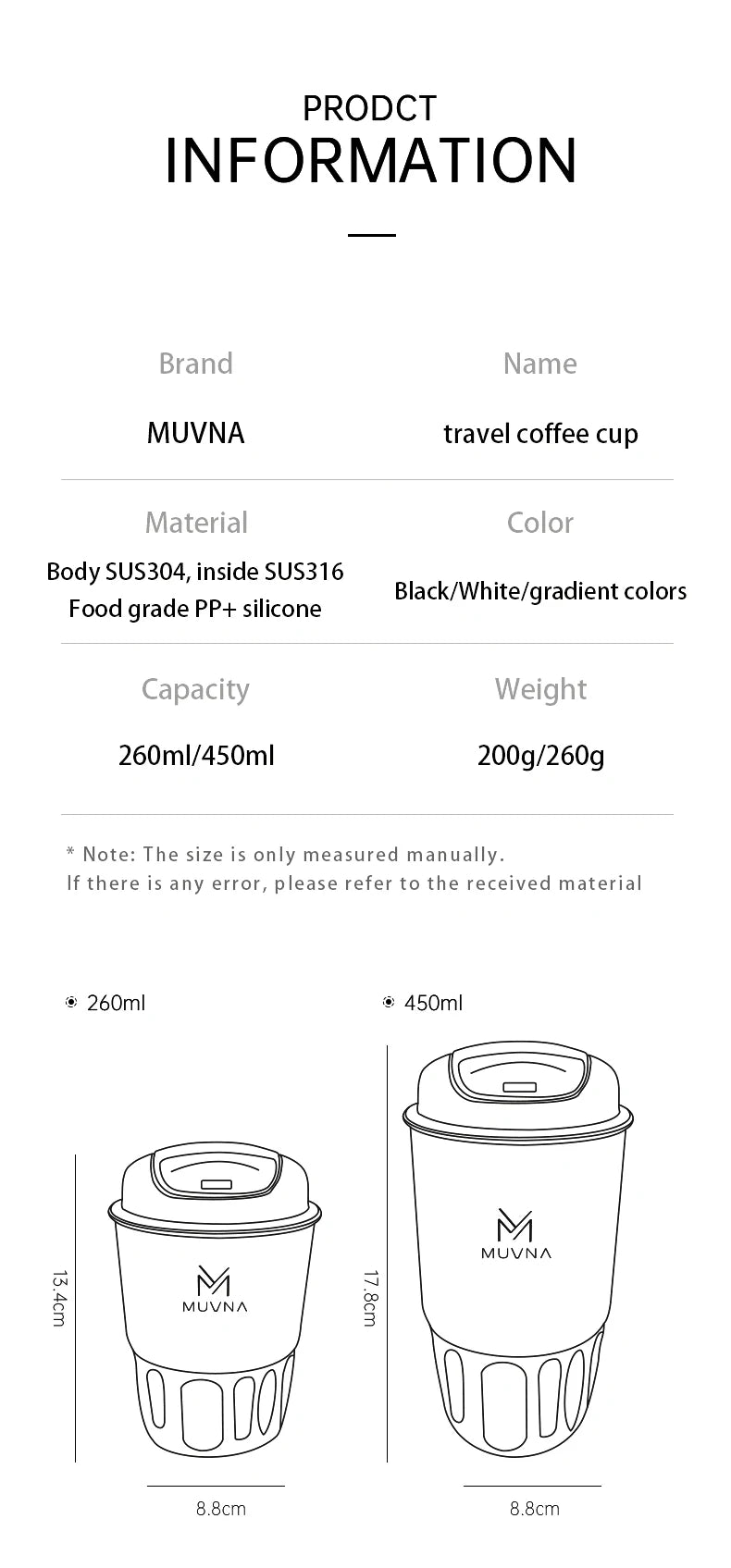 MUVNA Coffee Insulated Cup Outdoor Portable Ice Cup Travel Coffee Mug