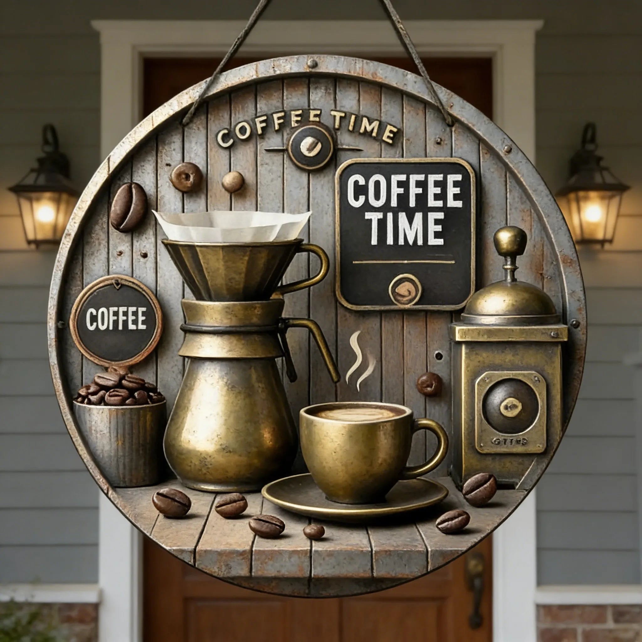 Vintage Coffee Time Round Wooden Hanging Sign, Rustic Coffee Bar