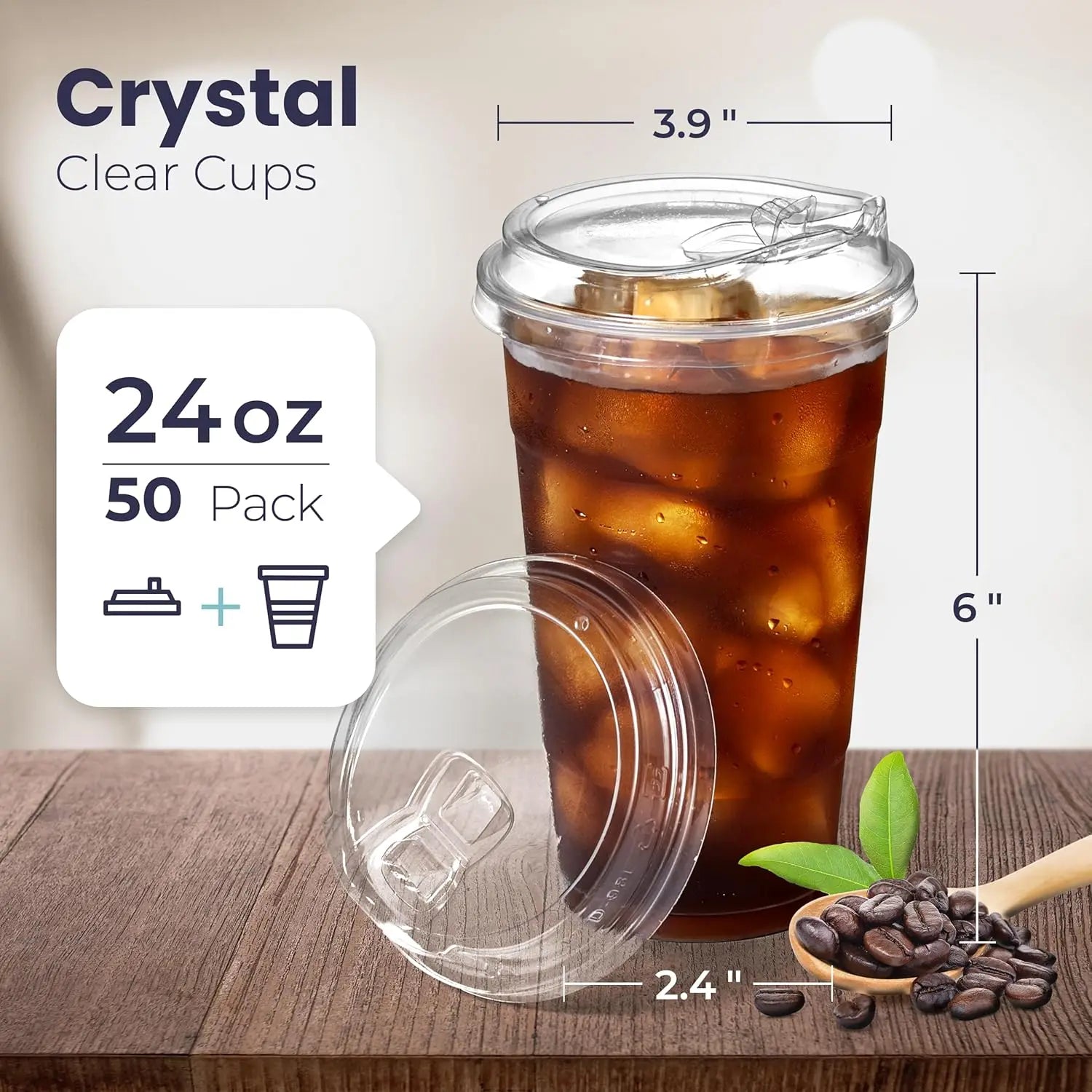 Clear Plastic Cup with Lids 50 Set Disposable Cups for Iced Coffee
