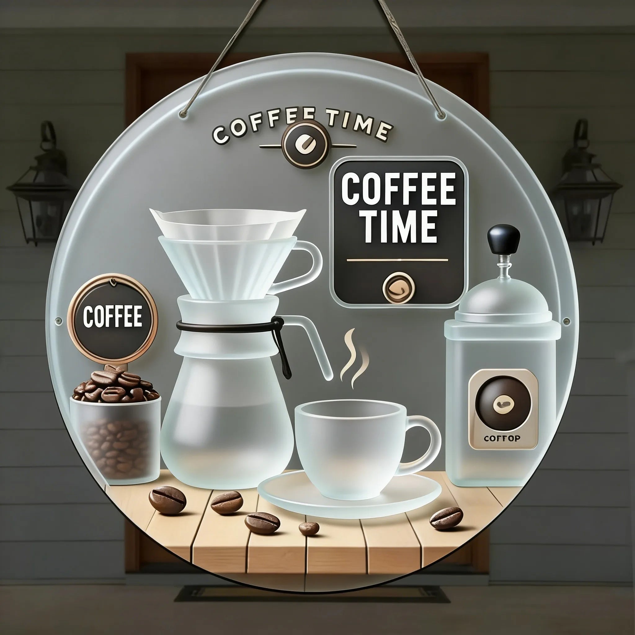 Vintage Coffee Time Round Wooden Hanging Sign, Rustic Coffee Bar