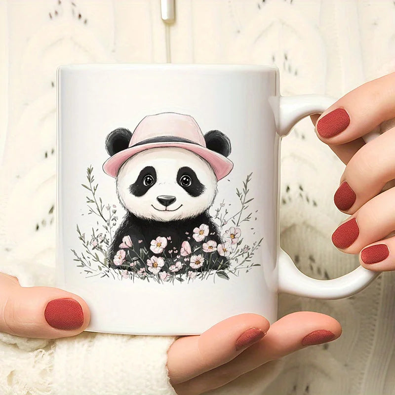11oz Ceramic Coffee Mug with Cute Panda in Pink Hat & Watercolor Flowers