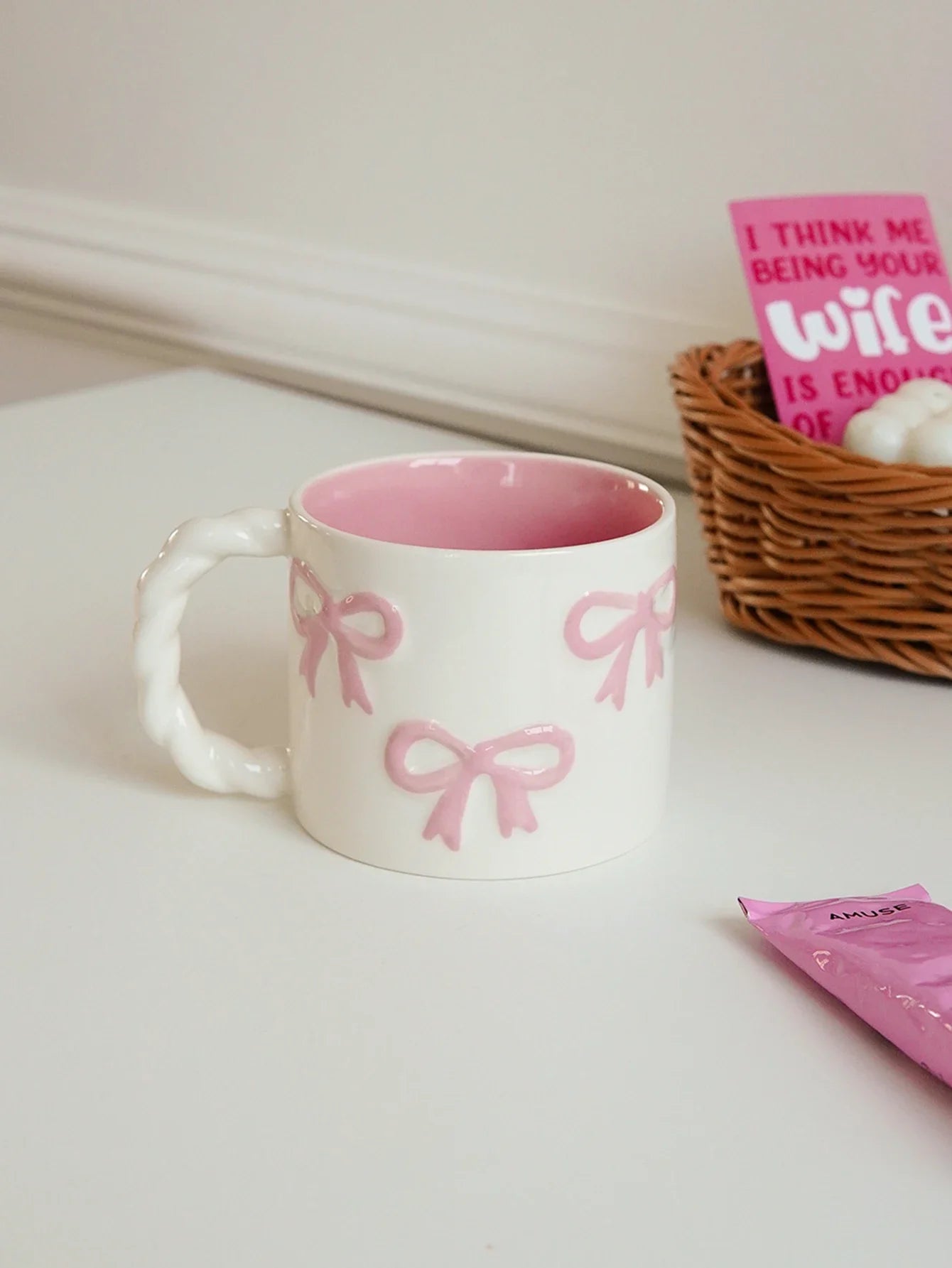 Pink Ceramic Mug with Bowknot, Suitable for Home Decor Drinkware, Drinking Cup