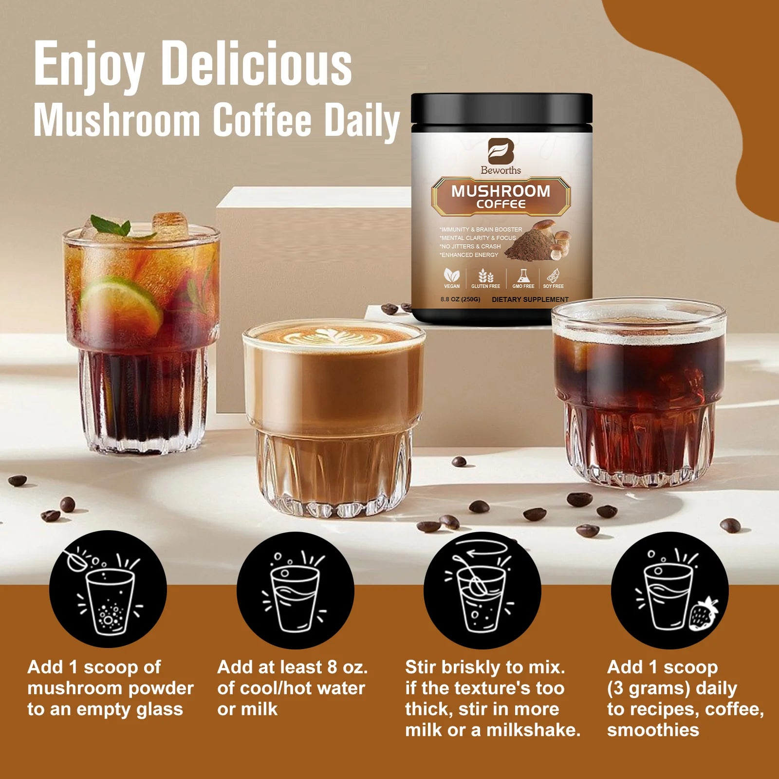 Mushroom Coffee 10 Mushroom Extract - Lion's Mane, Maitake for energy support