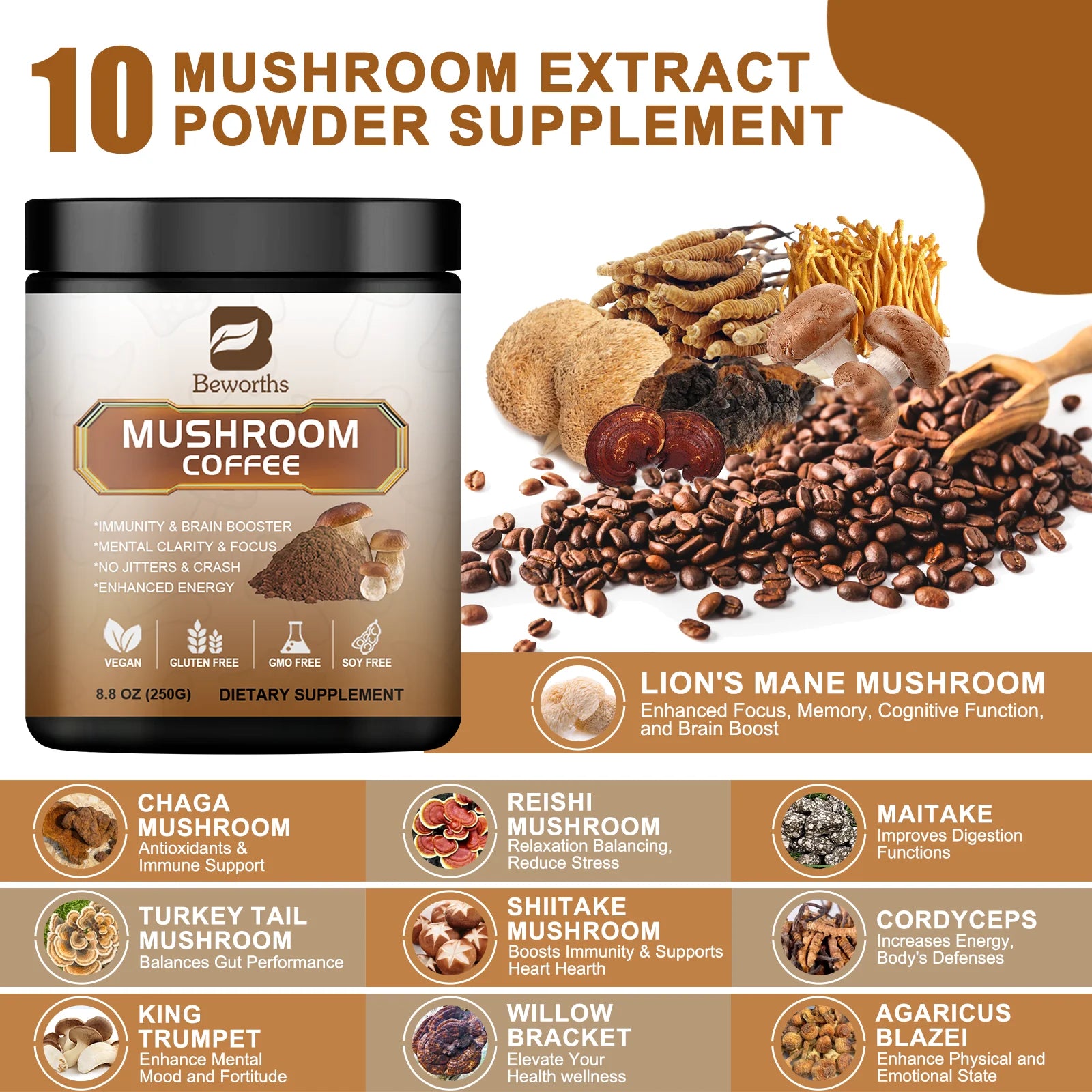 Mushroom Coffee 10 Mushroom Extract - Lion's Mane, Maitake for energy support