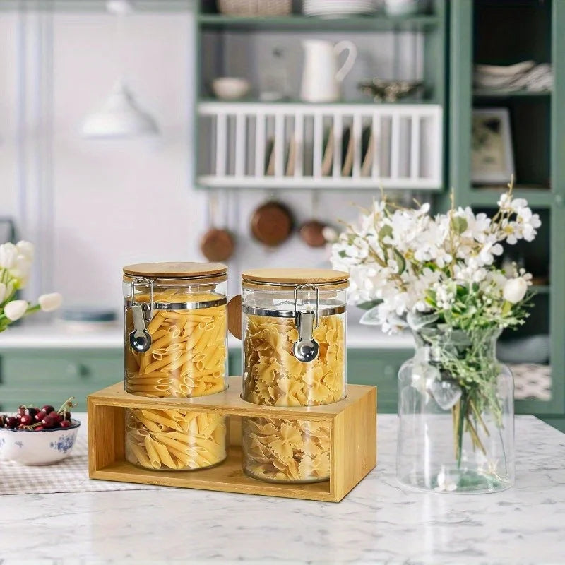1Set Glass Coffee Canisters with Wood Shelf-Airtight Coffee Bean Storage