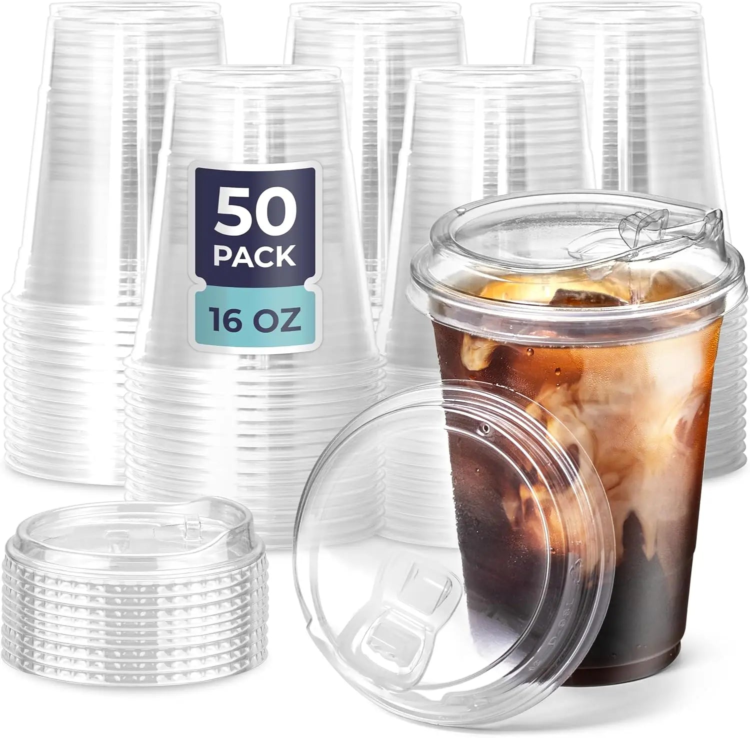 Clear Plastic Cup with Lids 50 Set Disposable Cups for Iced Coffee