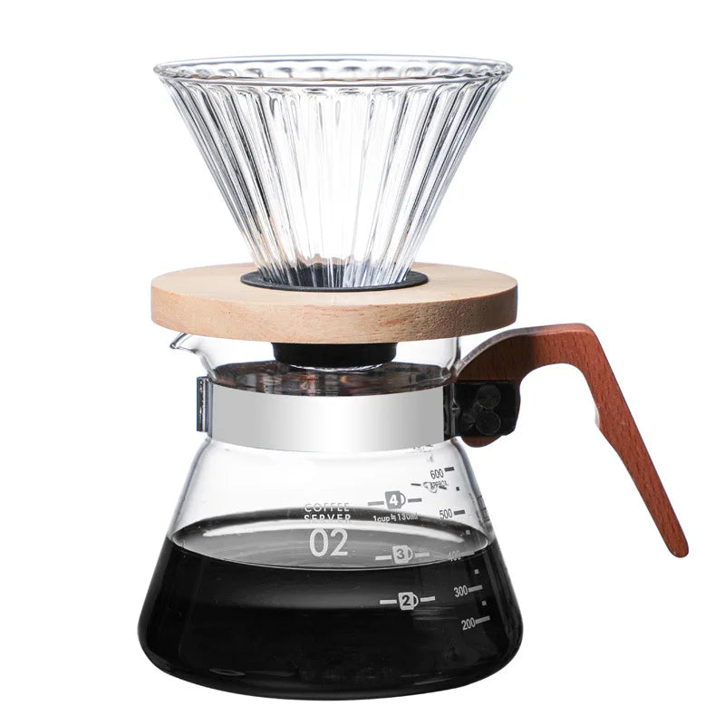 Glass Pouring Cup Coffee Server with Wooden Handle Coffee Sharing Pot