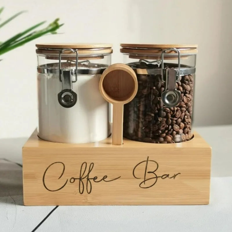 1Set Glass Coffee Canisters with Wood Shelf-Airtight Coffee Bean Storage