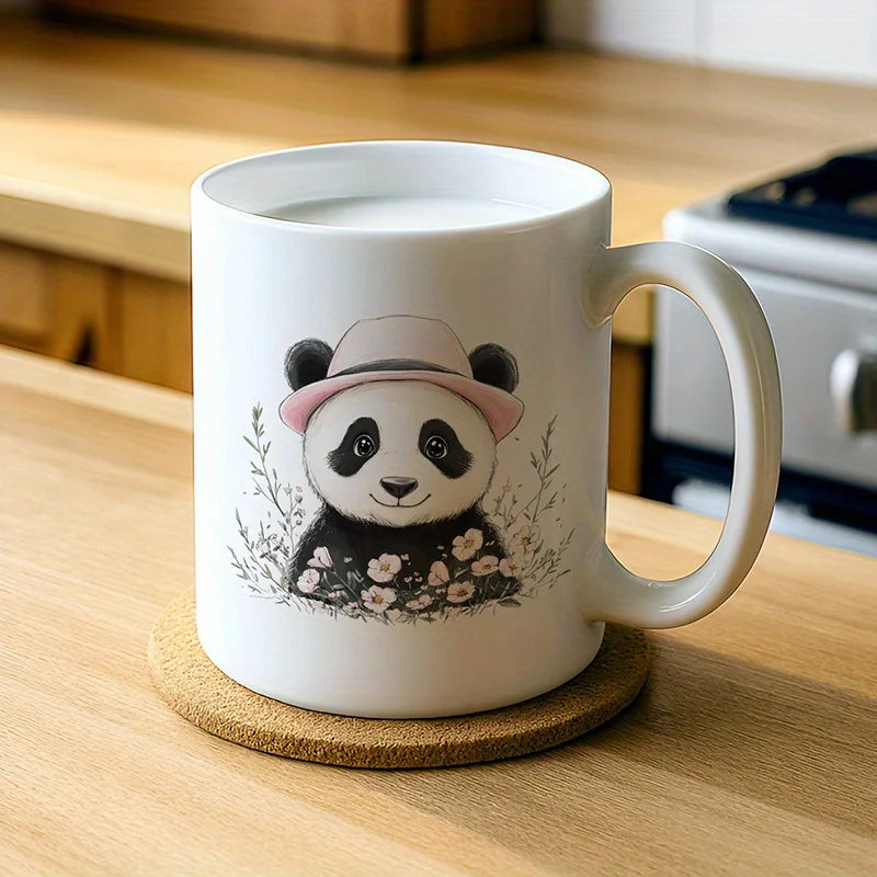 11oz Ceramic Coffee Mug with Cute Panda in Pink Hat & Watercolor Flowers