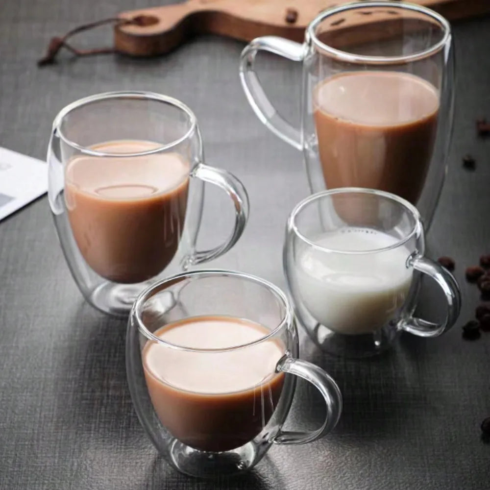 1PC Double Walled Glass Cups Handles Transparent Espresso Coffee Cups