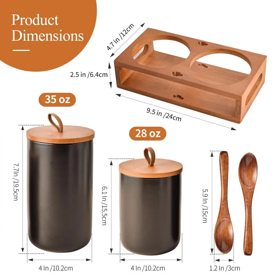 Ceramic Canister Bamboo Lids, Wooden Stand amp Spoons Storage Jars